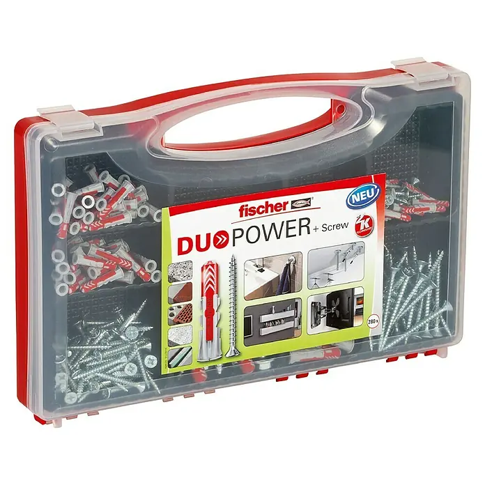 Fischer Duopower Dübel- & Schraubenbox Redbox Duopower + Schrauben - 280 -tlg. - Eine Box mit Fischer Dübeln und Schrauben der Serie DUOPOWER + Screw, ideal für Befestigungen in verschiedenen Materialien.