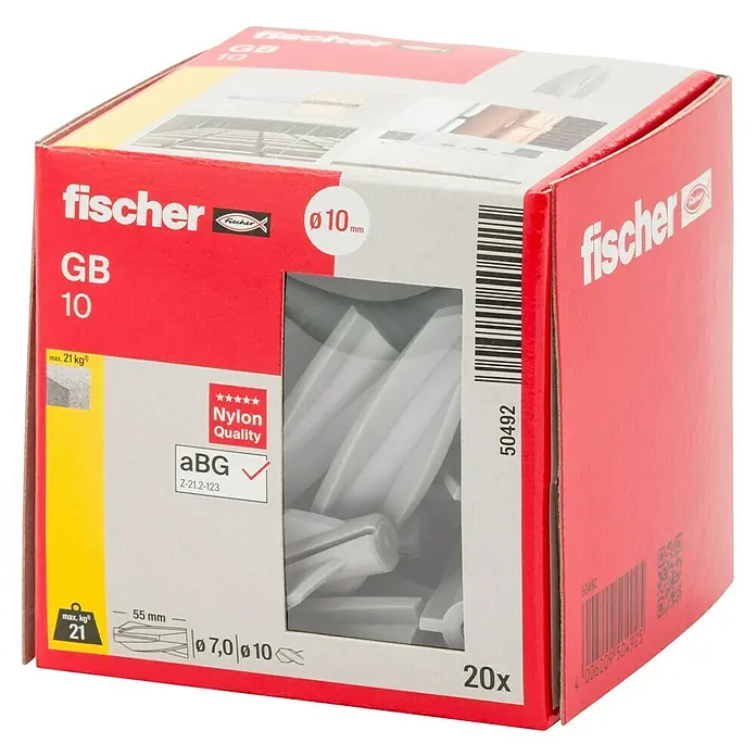 Fischer Gasbetondübel GB 10 - Durchmesser Dübel: 10 mm, Länge Dübel: 55 mm, 20 Stk. - Ein roter Karton Fischer GB 10 Dübel, geeignet für maximale Lasten bis 21 kg und Schrauben mit einem Durchmesser von 7 bis 10 mm.