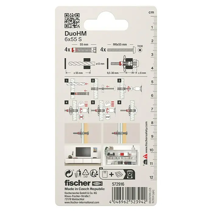 Fischer Hohlraumdübel DuoHM 6x55 S TX - Ø x L: 12 x 55 mm, Metall, 4 Stk., M 6 - Abbildung der DuoHM 6x55 S Dübelverpackung mit Montageanleitung und Größenangaben.