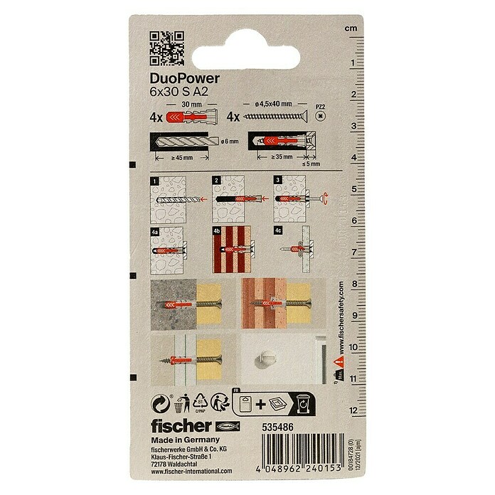 Fischer Duopower Universeelpluggen DuoPower 6x30 met rvs schroef A2 K (Ø x l: 6 x 30 mm, Materiaal plug: Nylon, 4 st.) | BAUHAUS