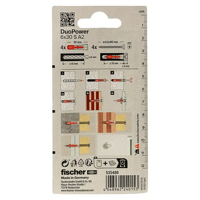 Fischer Duopower Universaldübel S A2 K - Ø x L: 6 x 30 mm, Material Dübel: Nylon, 4 Stk. - Abbildung der DuoPower 6x30 S A2 Dübelverpackung mit Anweisungen und Spezifikationen, die die Verwendung des Produkts hervorheben.
