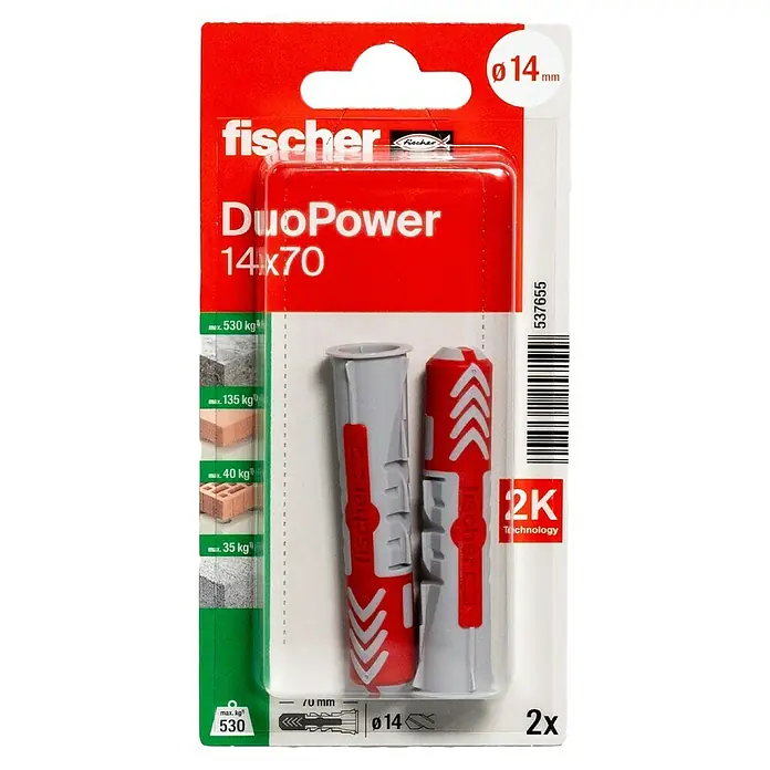Fischer Duopower Universaldübel 2 K - Ø x L: 14 x 70 mm, Nylon, 2 Stk. - Abbildung einer Verpackung von Fischer DuoPower 14x70 Universaldübeln, ideal für sichere Befestigungen in verschiedenen Baumaterialien.
