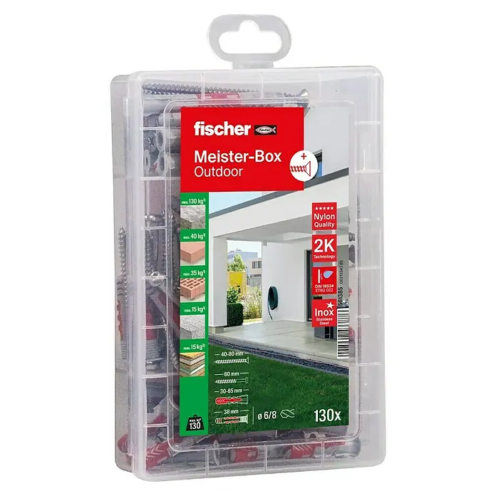 Fischer Schrauben- & Dübel-Set Praktische Helfer Outdoor & Feuchtraum - 130 -tlg. - Eine transparente Box von Fischer Meister-Box Outdoor mit verschiedenen Dübeln und Schrauben für den Außenbereich.