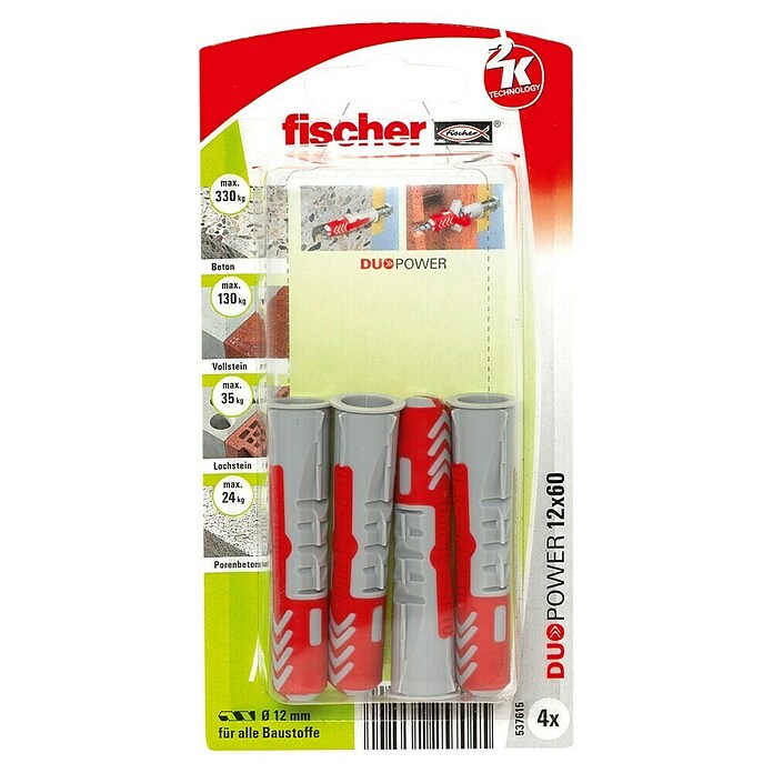 Fischer Universaldübel Duopower (Durchmesser Dübel: 12 mm, Länge Dübel: 60 mm, 4 Stk., Mit Rand, Alle Baustoffe)