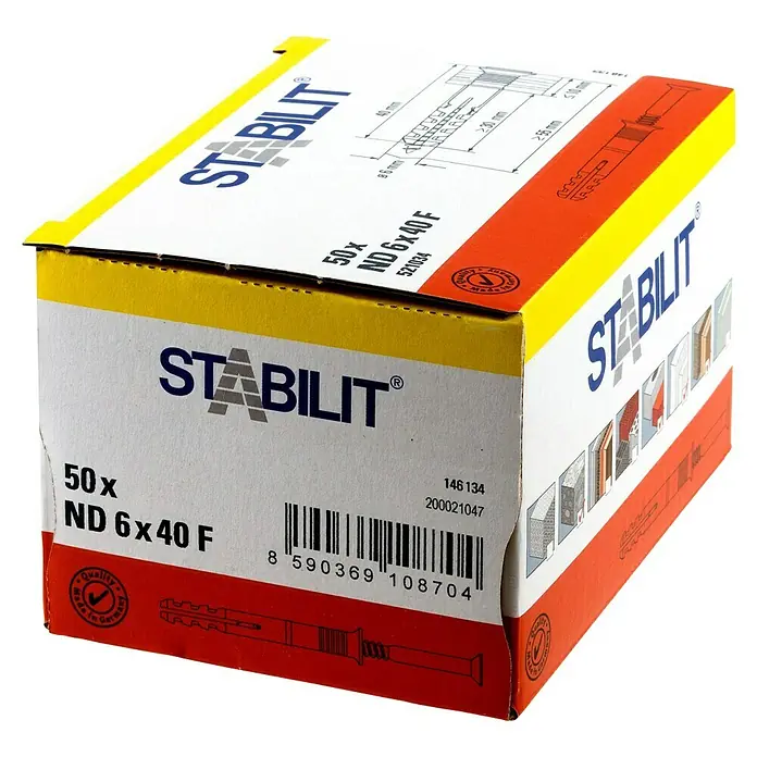 Stabilit Nageldübel - Durchmesser Dübel: 6 mm, Länge Dübel: 40 mm, 50 Stk. - Eine Schachtel Stabilits 50x ND 6x40 F Dübel, ideal für die sichere Befestigung in verschiedenen Materialien. Qualität aus Deutschland garantiert!