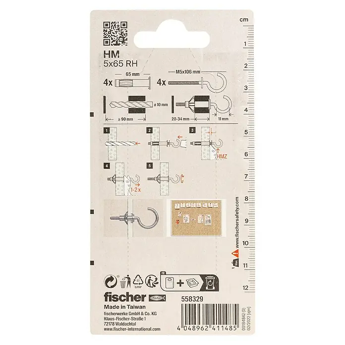 Fischer Hohlraumdübel RH K - Länge Dübel: 65 mm, 4 Stk. - HM 5x65 RH Dübel-Set: 4x Dübel, 4x Schraubhaken M5x106 mm, Montageanleitung. Ideal für sichere Befestigung in verschiedenen Materialien.