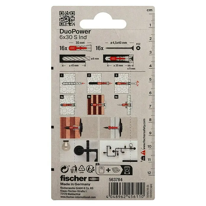 Fischer Duopower Universaldübel 6X30 S IND K - Ø x L: 6 x 30 mm, Nylon, 16 Stk., Mit Rand, PZ 2, Spanplattenschraube - Abbildung einer DuoPower 6x30 S Ind Mehrzweck-Befestigungspackung mit Montageanleitung und Größenangaben.