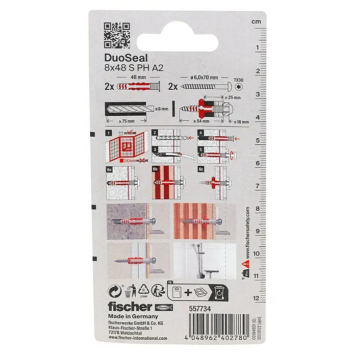 Fischer Universaldübel DuoSeal - Länge Dübel: 48 mm - Abbildung der DuoSeal 8x48 S PH A2 Dübelverpackung mit Anweisungen, Abmessungen und Anwendungsszenarien.
