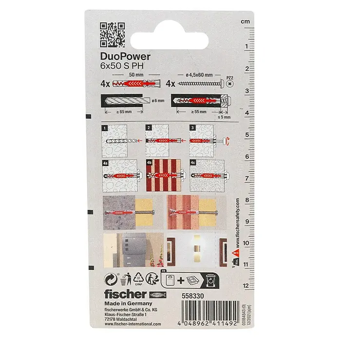 Fischer Duopower Dübel- & Schraubenbox S PH K - Durchmesser Dübel: 6 mm, Länge Dübel: 50 mm, 4 Stk. - Bild einer Verpackung für Fischer Dübel DuoPower 6x50 S PH, die die technischen Spezifikationen und Anwendungsanleitungen zeigt.