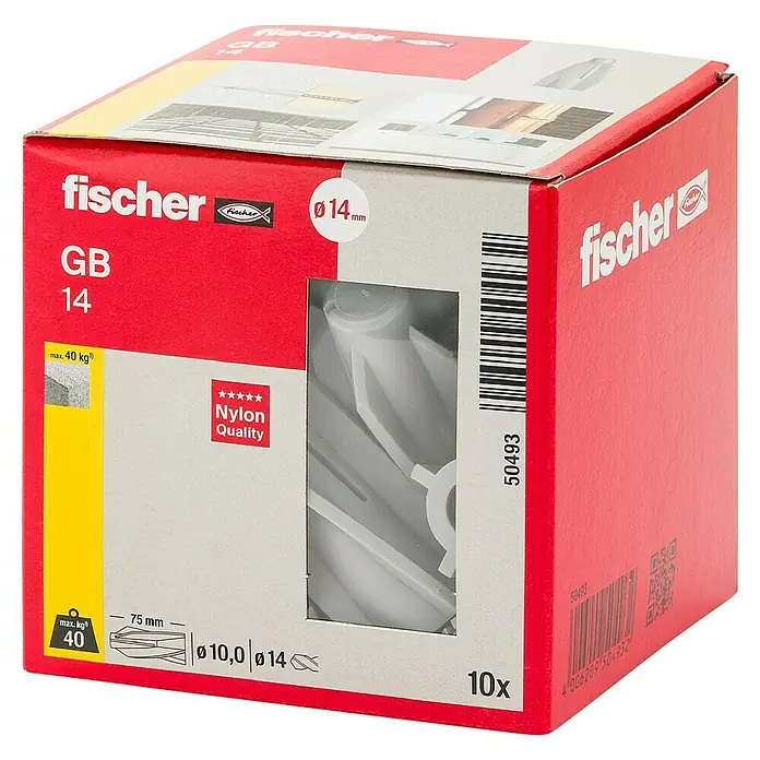Fischer Gasbetondübel GB 14 - Durchmesser Dübel: 14 mm, Länge Dübel: 75 mm, 10 Stk. - Eine Packung Fischer GB 14 Nylondübel, geeignet für schwere Lasten bis zu 40 kg. Die Dübel sind 75 mm lang und haben einen Durchmesser von 14 mm.