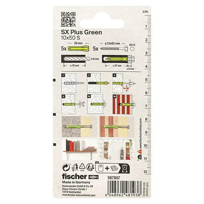 Fischer Spreizdübel-Set SX Green S - Ø x L: 10 x 50 mm, Sechskantschraube, Nylon, 5 Stk. - Verpackungsrückseite der SX Plus Green 10x50 S Universaldübel, mit Größenangaben und Montageanleitung für verschiedene Untergründe.