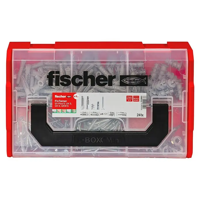 Fischer Schrauben- & Dübel-Set Hält-Alles-Box - 240 Stk. - Produktabbildung eines roten Fischer L-Box Mini Sortimentskoffers mit verschiedenen Dübeln, Schrauben und Zubehörteilen für Befestigungen.