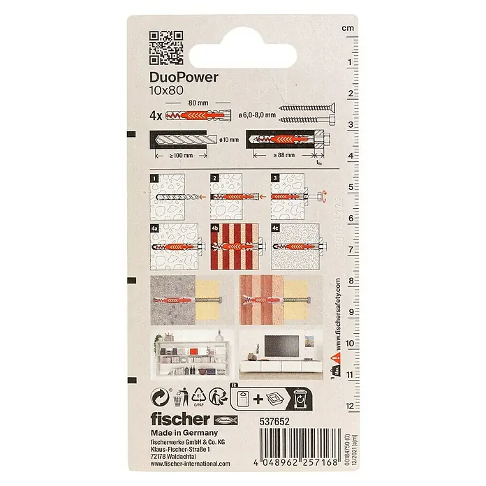 Fischer Duopower Universaldübel 2 K - Ø x L: 10 x 80 mm, Nylon, 4 Stk. - Produktverpackung: Fischer DuoPower 10x80 Dübel, 4 Stück. Montageanleitung und technische Daten auf der Rückseite.