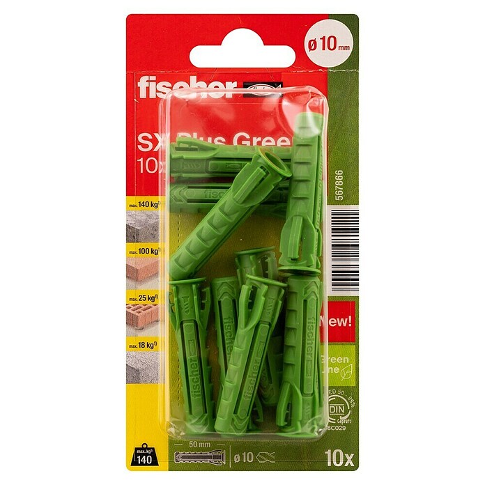Fischer Spreizdübel SX Green K (Ø x L: 10 mm x 50 mm, Nylon, 10 Stk., Mit Rand)