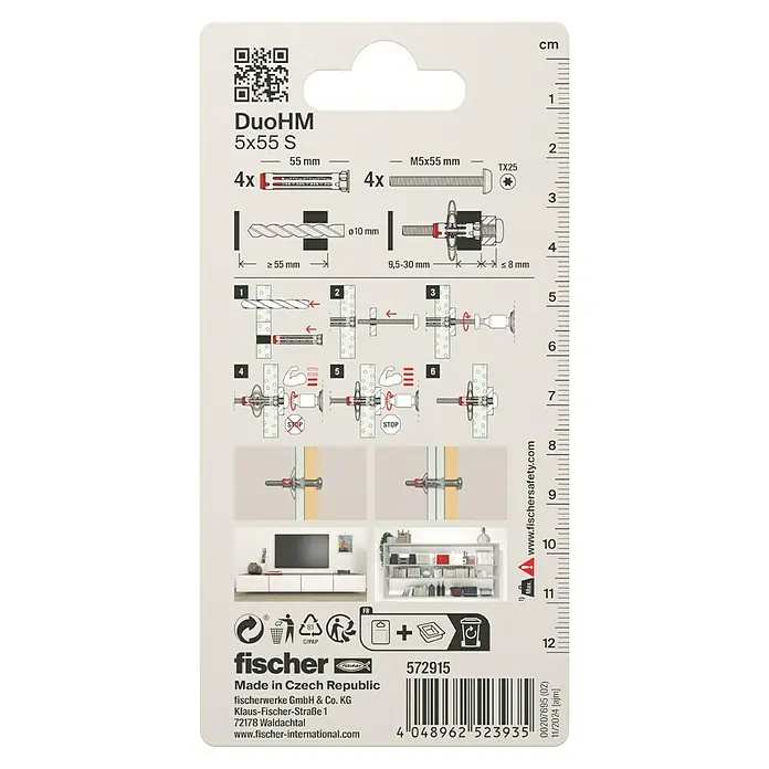 Fischer Hohlraumdübel DuoHM 5x55 S TX - Ø x L: 10 x 55 mm, Metall, 4 Stk., M 5 - Produktabbildung der Fischer DuoHM 5x55 S Dübelpackung mit Montageanleitung, Abmessungen und Produktinformationen.