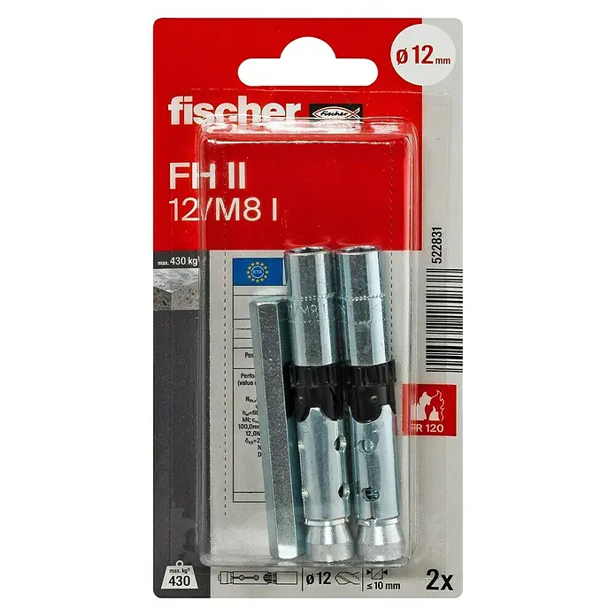 Fischer Hochleistungsanker FH 2 12/M8 I K - Länge Dübel: 77 mm - Fischer FH II 12/M8 I Dübelpackung, inklusive zwei Dübel und einem Montagewerkzeug, geeignet für schwere Lasten bis 430 kg.