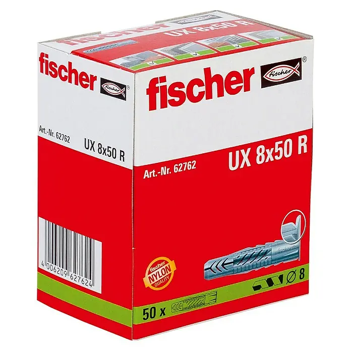Fischer Universaldübel - Durchmesser Dübel: 8 mm, Länge Dübel: 50 mm, Mit Rand, 50 Stk. - Eine Packung Fischer UX 8x50 R Universaldübel aus Nylon, ideal für Befestigungen in verschiedenen Baumaterialien und Bauprojekten.