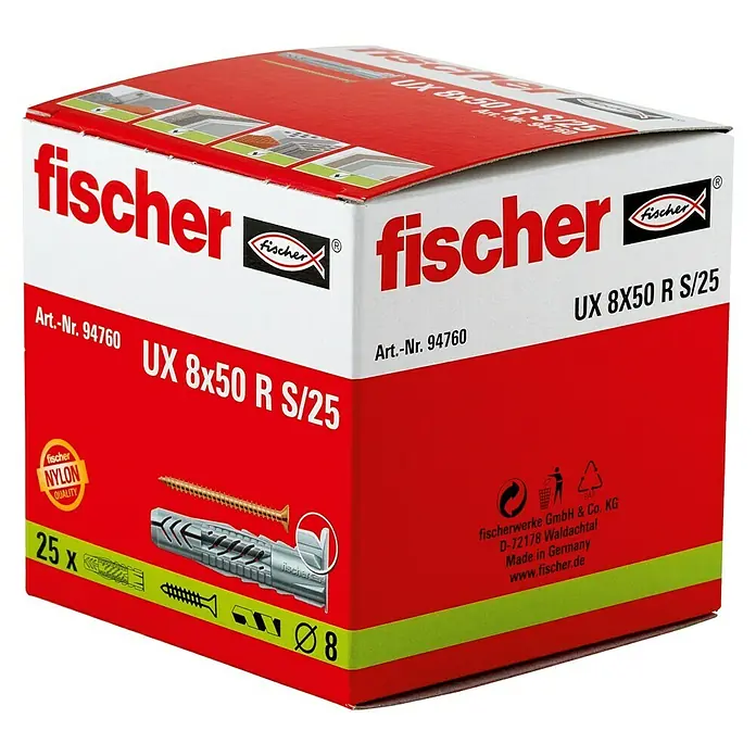 Fischer Universaldübel UX 8x50 R S/25 - Mit Rand, 25 Stk. - Eine Packung Fischer UX 8x50 R S/25 Universaldübel aus Nylon mit Schrauben, ideal für Befestigungen in verschiedenen Baumaterialien.