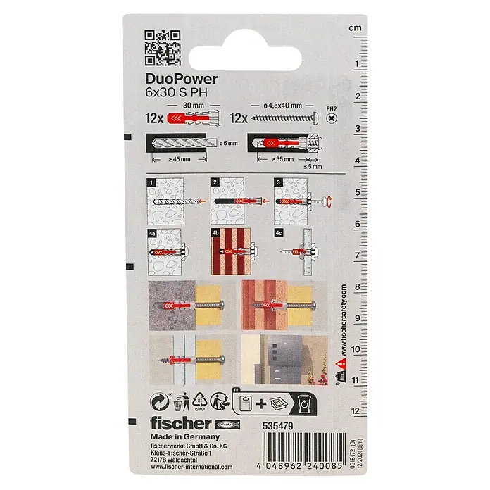 Fischer Duopower Universaldübel S PH - Ø x L: 6 x 30 mm, Nylon, 12 Stk. - Anleitung für Fischer DuoPower 6x30 S PH Dübel: Schritt-für-Schritt-Anleitung zur korrekten Installation für sicheren Halt.