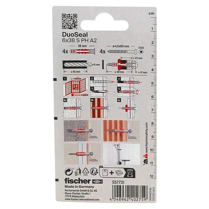 Fischer Schraubensortiment mit Dübeln DuoSeal S PH TX A2 - Ø x L: 6 x 38 mm, 4 Stk. - Bild der DuoSeal 6x38 S PH A2 Universaldübel-Verpackung mit Montageanleitung und Größenangaben.