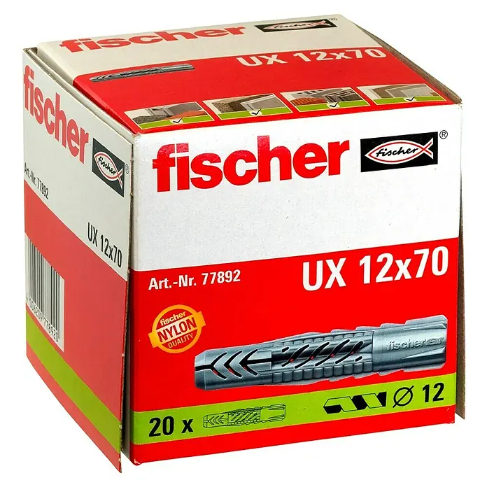 Fischer Universal-Durchsteckdübel UX - Durchmesser Dübel: 12 mm, Länge Dübel: 70 mm, Ohne Rand, 20 Stk. - Karton Fischer UX 12x70 Universaldübel, ideal für sichere Befestigungen in verschiedenen Baumaterialien. Die Dübel sind aus hochwertigem Nylon gefertigt.