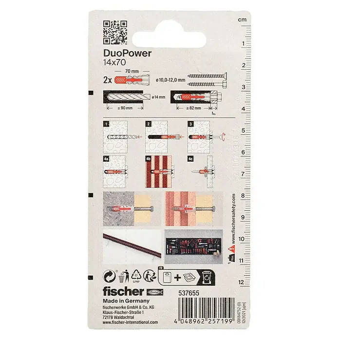 Fischer Duopower Universaldübel 2 K - Ø x L: 14 x 70 mm, Nylon, 2 Stk. - Abbildung der DuoPower 14x70 Dübelpackung, die die Abmessungen und Installationsschritte des Produkts zeigt.