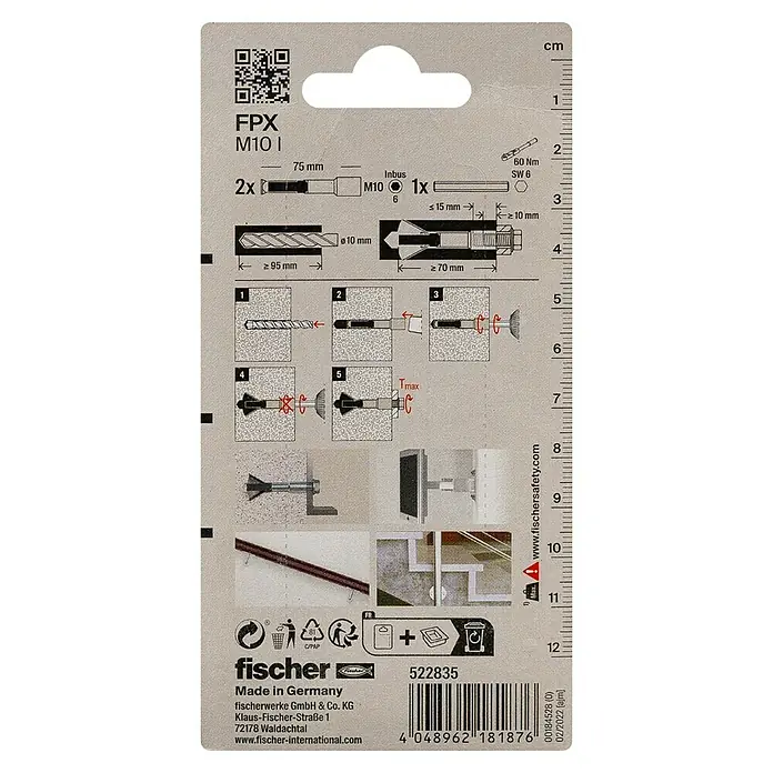 Fischer Porenbetonanker FPX - Ø x L: 10 x 75 mm, 2 Stk., Galvanisch verzinkt, Gewinde: M 10 - Anleitung für Fischer FPX M10 I Dübel, inklusive Bohrer, Schrauben und Installationsschritten für sichere Befestigungen.