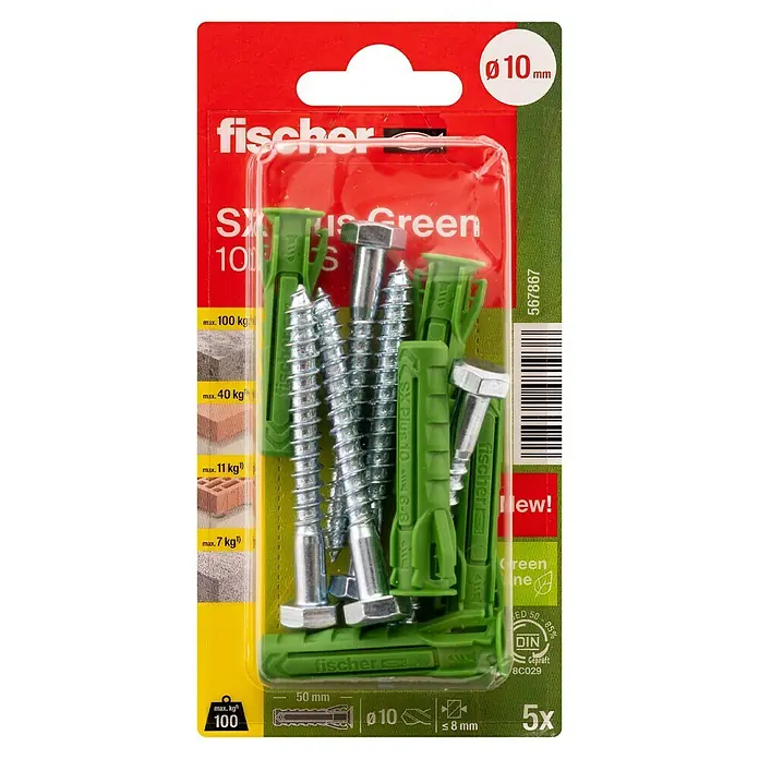 Fischer Spreizdübel-Set SX Green S - Ø x L: 10 x 50 mm, Sechskantschraube, Nylon, 5 Stk. - Bild einer Blisterpackung mit Fischer SXplus Green Dübeln und Schrauben, ideal für Befestigungen.
