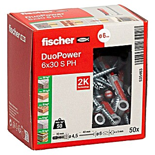 Fischer Duopower Doos pluggen en schroeven Duopower (Diameter plug: 6 mm, Pluglengte: 30 mm, Panhead-schroef, 50 st.)