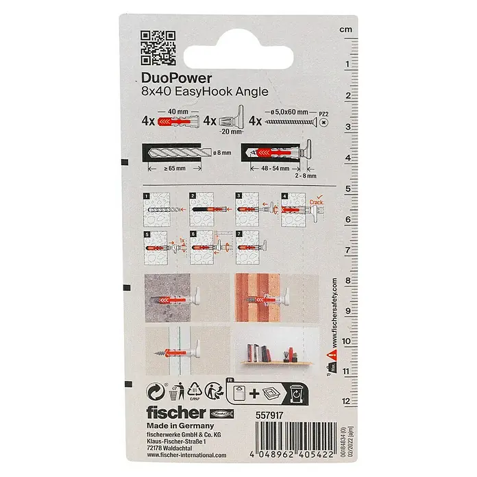 Fischer Duopower Alcayata EasyHook - Diámetro taco: 8 mm, Longitud taco: 40 mm - Paquete de fischer DuoPower 8x40 EasyHook Angle con tacos y tornillos, instrucciones de montaje y medidas.