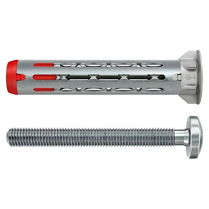 Fischer Hohlraumdübel DuoHM 4x55 S TX - Ø x L: 8 x 55 mm, Metall, 4 Stk., M 4 - Das Bild zeigt eine Schraube und einen Dübel für Befestigungen. Die Dübel weisen ein besonderes Design mit Öffnungen auf.