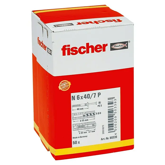 Fischer Nageldübel - Durchmesser Dübel: 6 mm, Länge Dübel: 40 mm, 7 mm, 50 Stk. - Eine Packung Fischer Dübel N 6x40/7 P, ideal für Befestigungen in verschiedenen Materialien. Robuste Nylondübel für zuverlässige Ergebnisse.