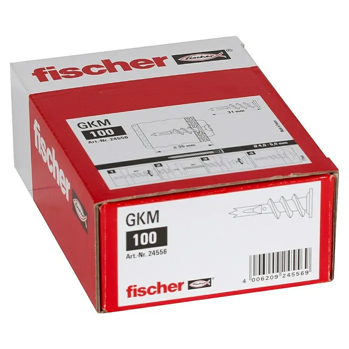 Fischer Gipskartondübel - Länge Dübel: 31 mm, Ohne Schrauben/Haken, Ausführung Dübel: Mit Rand, 100 Stk. - Verpackung der Fischer GKM 100 Gipskartondübel, ideal für schnelle und einfache Befestigungen in Gipskartonplatten.