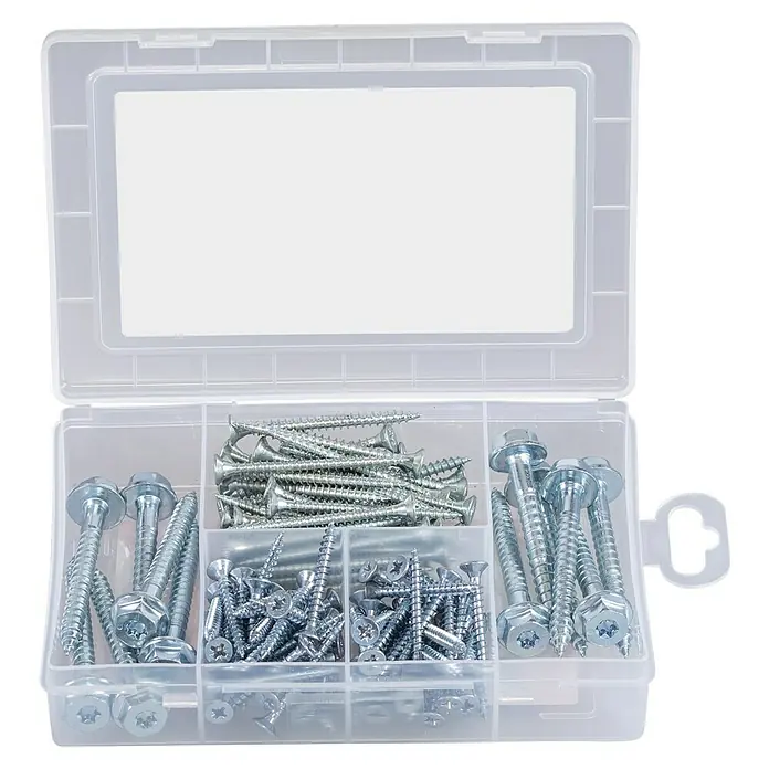 Fischer Meister-Box Schrauben-Set Dübelschrauben - Gesamtumfang: 112 -tlg. - Klarsichtbox mit verschiedenen Schrauben, sortiert nach Größe und Form. Ideal für Heimwerker und Profis, um Ordnung zu halten.