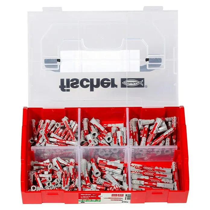 Fischer Duopower Universaldübel-Set Fixtainer - Tiefenbiss-Box - 210 -tlg. - Fischer L-Boxx Mini mit einer Auswahl an Dübeln in verschiedenen Größen, ideal für Heimwerker und Profis.