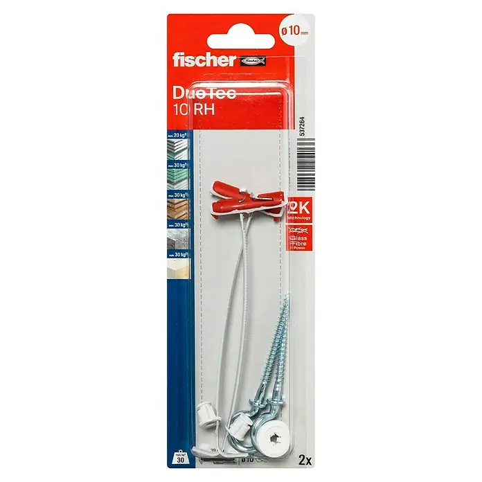 Fischer Duotec Kippdübel - Durchmesser Dübel: 10 mm, Länge Dübel: 50 mm, Gipskartonplatten, Mit Schrauben/Haken, 2 Stk. - Ein Paket Fischer DueTec 10 RH Kippdübel mit Schrauben und Haken. Geeignet für Befestigungen in verschiedenen Materialien bis maximal 30 kg.
