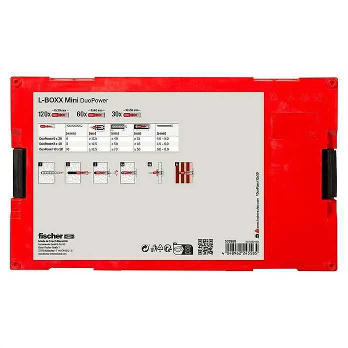 Fischer Duopower Dübelsortiment FIXtainer - 210 -tlg. - L-Boxx Mini DuoPower Dübelbox mit 120 Dübeln (6x30 mm), 60 Dübeln (8x40 mm) und 30 Dübeln (10x50 mm) für sichere Befestigungen.