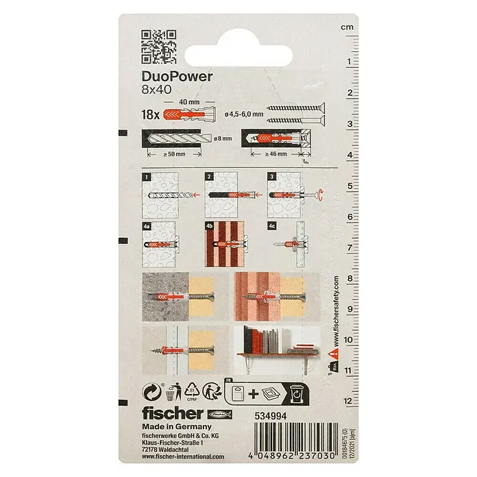 Fischer Duopower Universaldübel 2 K - Ø x L: 8 x 40 mm, Nylon, 18 Stk. - DuoPower 8x40 Dübel-Verpackung mit Montageanleitung und technischen Details für sichere Befestigungen in verschiedenen Materialien.