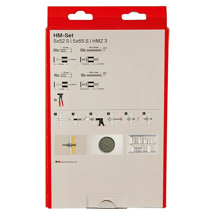 Fischer Metall-Hohlraumdübel-Set - Geeignet für: Plattenbaustoffe & Hohlräume, Mit Schrauben, Gesamtstückzahl: 30 Stk. - Abbildung einer HM-Set-Produktverpackung mit Beschreibungen und Anweisungen zur Verwendung von Hohlraumdübeln.