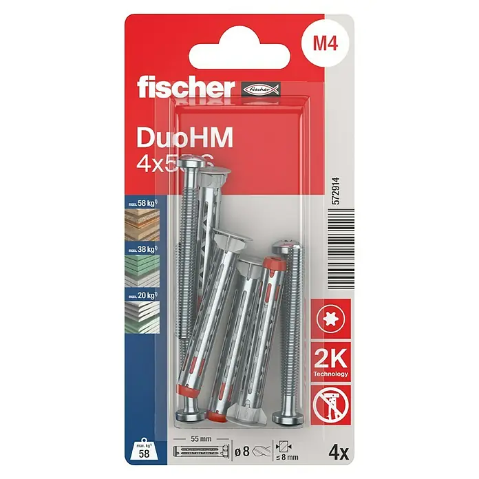 Fischer Hohlraumdübel DuoHM 4x55 S TX - Ø x L: 8 x 55 mm, Metall, 4 Stk., M 4 - Bild einer Packung Fischer DuoHM 4x5 Metall-Hohlraumdübel, ideal für schwere Lasten in Gipskarton- und Gipsfaserplatten.