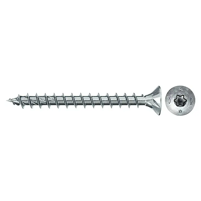 Fischer Spanplattenschraube VZ POWERFAST II SK TX VG - Ø x L: 3,5 x 35 mm, 200 Stk., Galvanisch verzinkt, TX für TORX-Antriebe - Detailaufnahme einer verzinkten Holzbauschraube mit Fräsrippen und Senkkopf. Ideal für Holzkonstruktionen.
