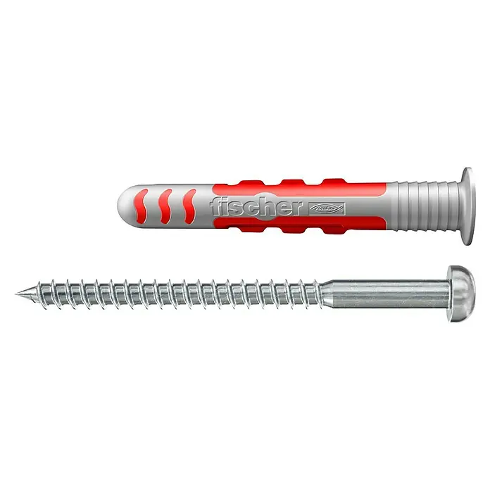 Fischer Dübel- & Schraubenbox DuoSeal - Durchmesser Dübel: 6 mm, Länge Dübel: 38 mm, 50 Stk. - Das Bild zeigt einen Fischer Dübel mit Schraube. Der Dübel ist grau und rot, während die Schraube silbern ist und ein typisches Gewinde aufweist.