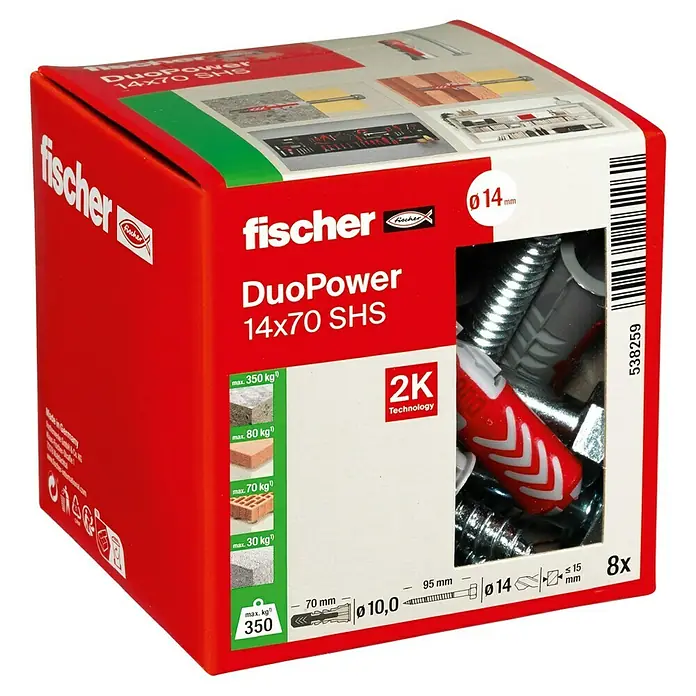 Fischer Duopower Dübel- & Schraubenbox 14x70 S LD - Durchmesser Dübel: 14 mm, Länge Dübel: 70 mm, Sechskantschraube, 8 Stk. - Eine Packung Fischer DuoPower 14x70 SHS Universaldübel mit Schrauben, geeignet für verschiedene Materialien und Lasten.