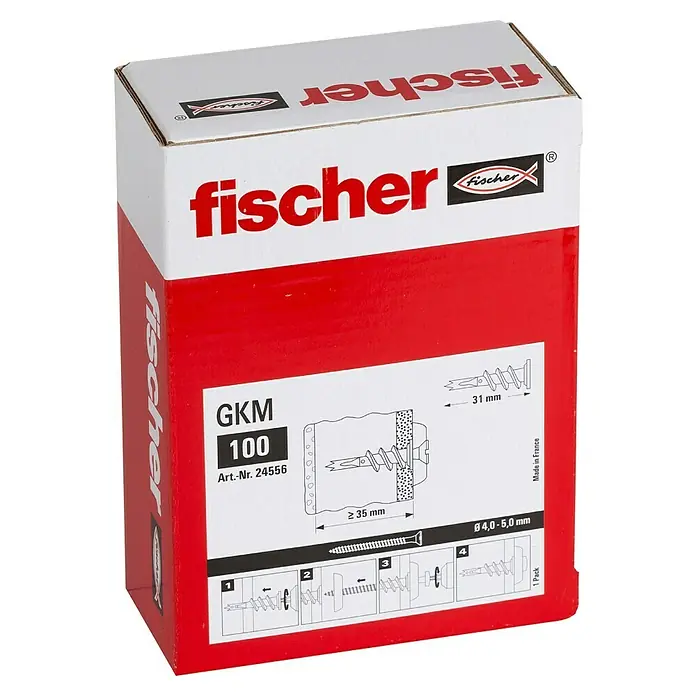 Fischer Gipskartondübel - Länge Dübel: 31 mm, Ohne Schrauben/Haken, Ausführung Dübel: Mit Rand, 100 Stk. - Verpackung der Fischer GKM 100 Gipskartondübel mit Anwendungsbeispielen und Montageanleitung für sichere Befestigungen.