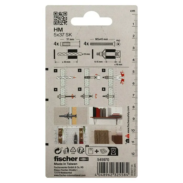 Fischer Hohlraumdübel HM 5x37 SK - Länge Dübel: 37 mm, Silber, 4 Stk. - Abbildung einer HM 5x37 SK Hohlraumdübel-Verpackung der Marke Fischer, die die Montageanleitung und Details zum Produkt zeigt.