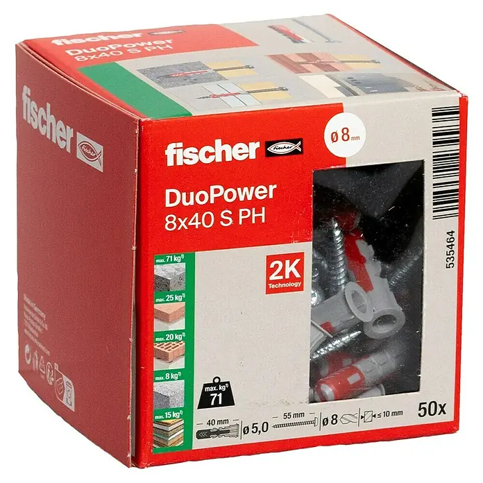 Fischer Duopower Dübel- & SchraubenboxDurchmesser Dübel: 8 mm, Länge Dübel: 40 mm, Panheadschraube, 50 Stk. - Diagonale Ansicht