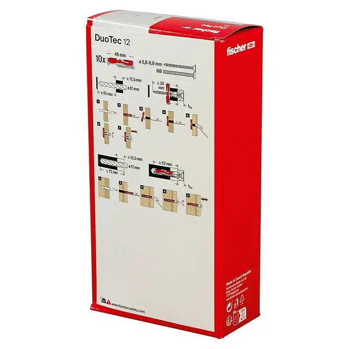 Fischer Duotec Kippdübel - Länge Dübel: 60 mm, 10 Stk. - Verpackung der fischer DuoTec 12 Kippdübel, 10 Stück, mit Anweisungen zur korrekten Montage für sichere Befestigungen in verschiedenen Materialien.