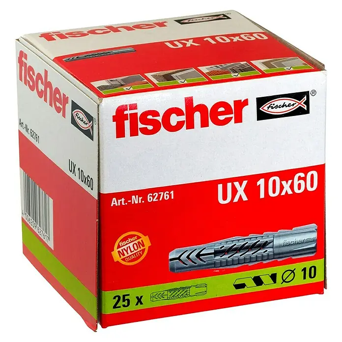 Fischer Universal-Durchsteckdübel UX - Durchmesser Dübel: 10 mm, Länge Dübel: 60 mm, Ohne Rand, 25 Stk. - Abbildung einer Packung Fischer UX 10x60 Universaldübel aus Nylon, ideal für Befestigungen in verschiedenen Baumaterialien.