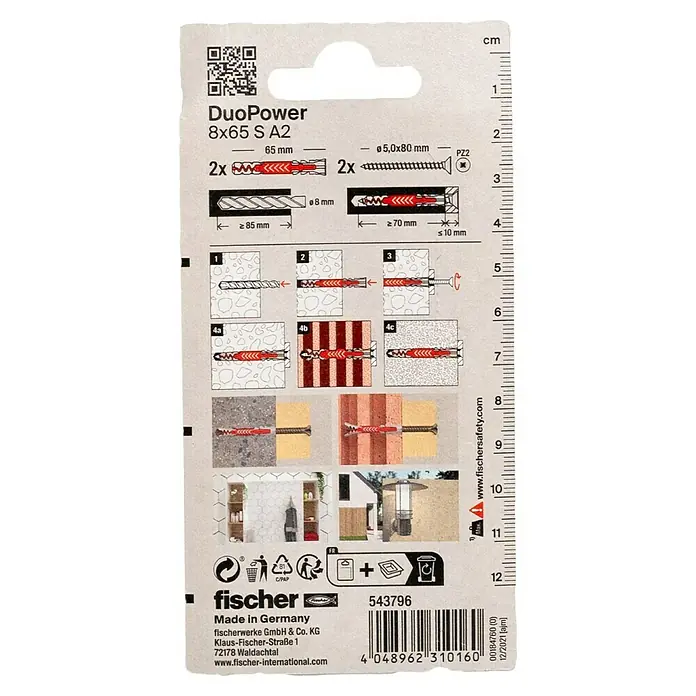Fischer Duopower Universaldübel S A2 K - Ø x L: 8 x 65 mm, Material Dübel: Nylon, 2 Stk. - Verpackung der Fischer DuoPower 8x65 S A2 Dübel, inklusive Details zu Größe, Schrauben und Anwendungsschritten.