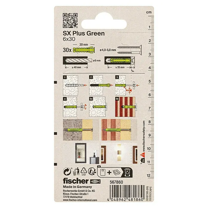 Fischer Spreizdübel SX Green K - Ø x L: 6 x 30 mm, Nylon, Mit Rand, 30 Stk. - Abbildung der SX Plus Green 6x30 Dübelverpackung, die Details zur Größe und Montage des Dübels zeigt.